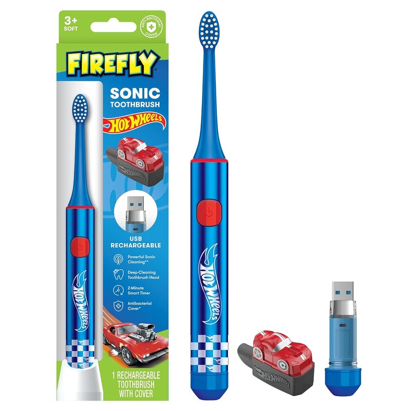 Firefly Slim Sonic Hot Wheels Toothbrush with USB Charging and Antibacterial Cover, Ages 3+, 1 Count - Image 1
